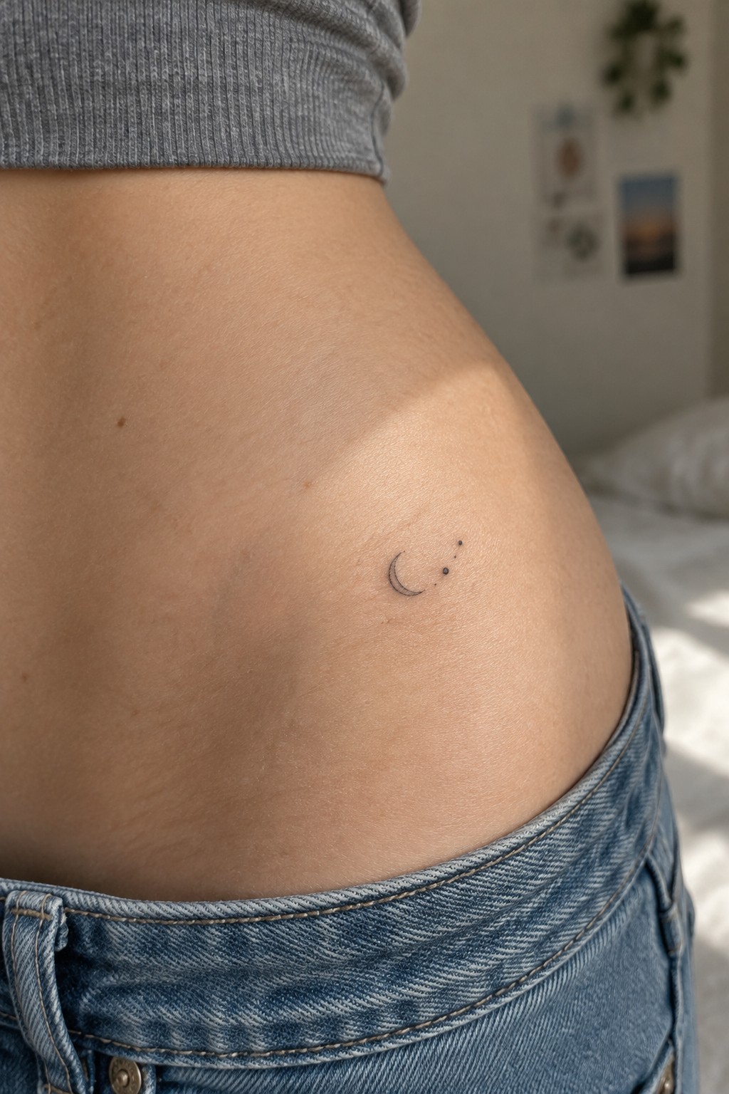 Small fine-line crescent moon tattoo with three dots on the side of a woman’s hip above her jeans.