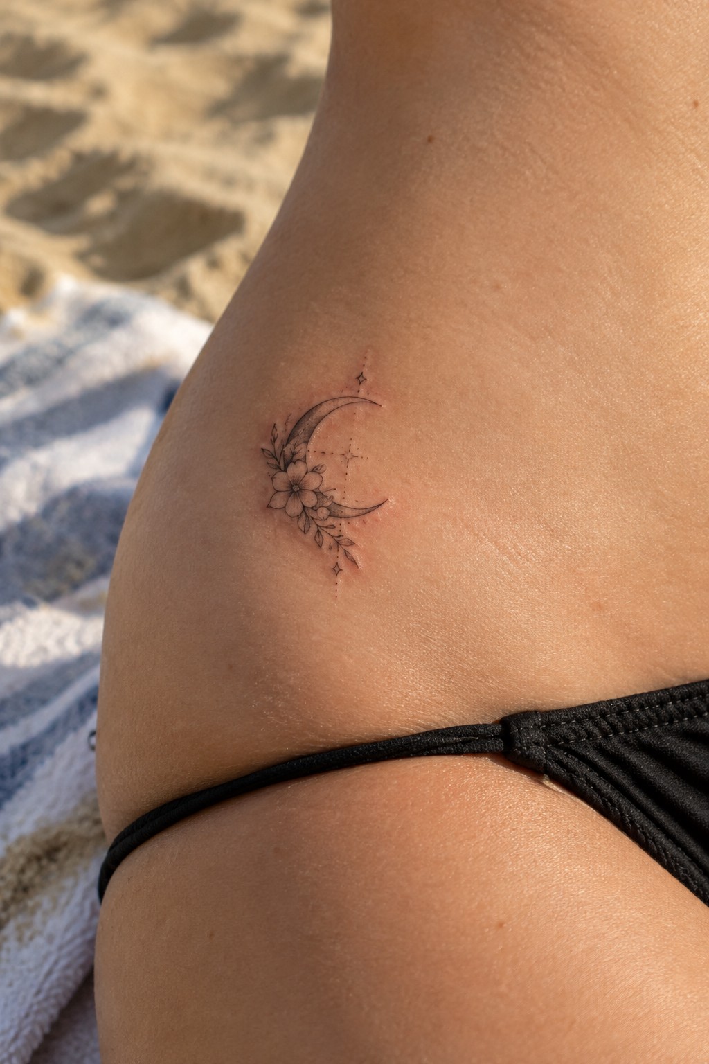 Small black linework tattoo of a crescent moon, flower, leaves, and dotted accents on the side of a woman’s hip.