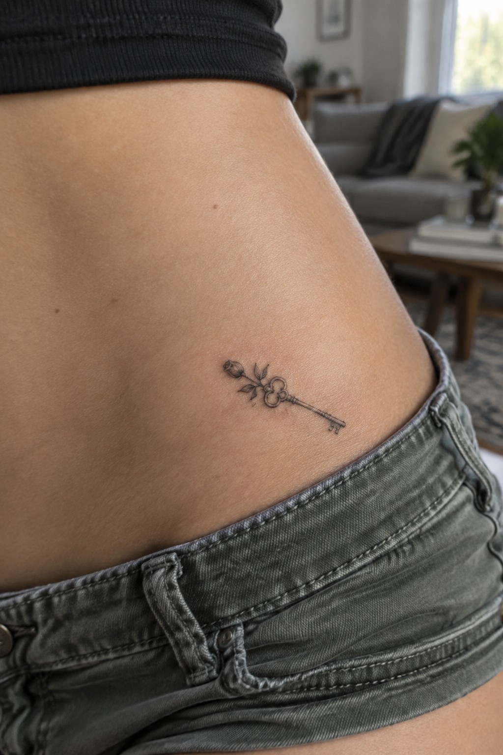 Small fine-line black key tattoo with a rose and leaves on a woman’s hip above gray jeans.