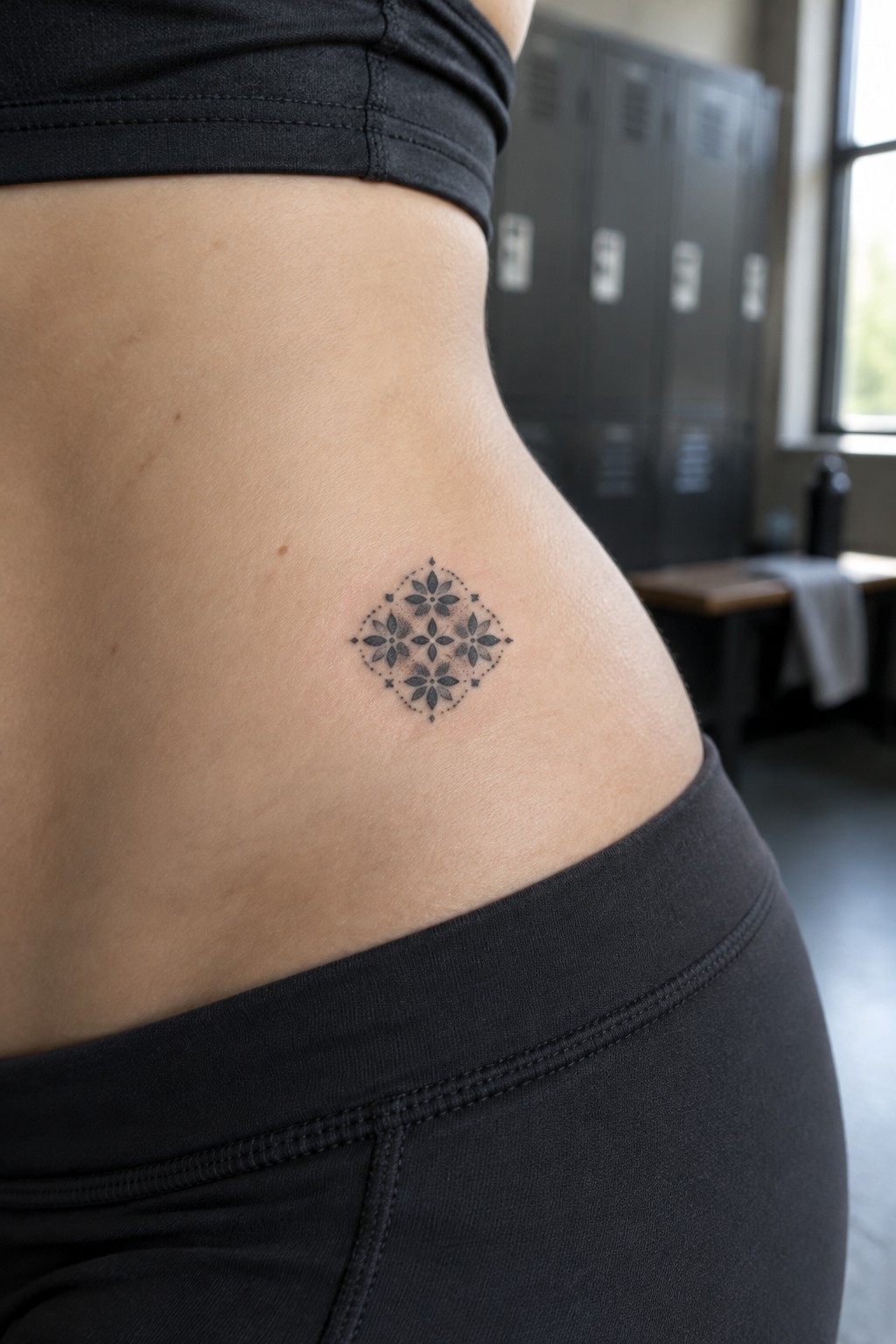 Small black floral mandala tattoo on the side of a woman’s hip, above the waistband of black leggings.
