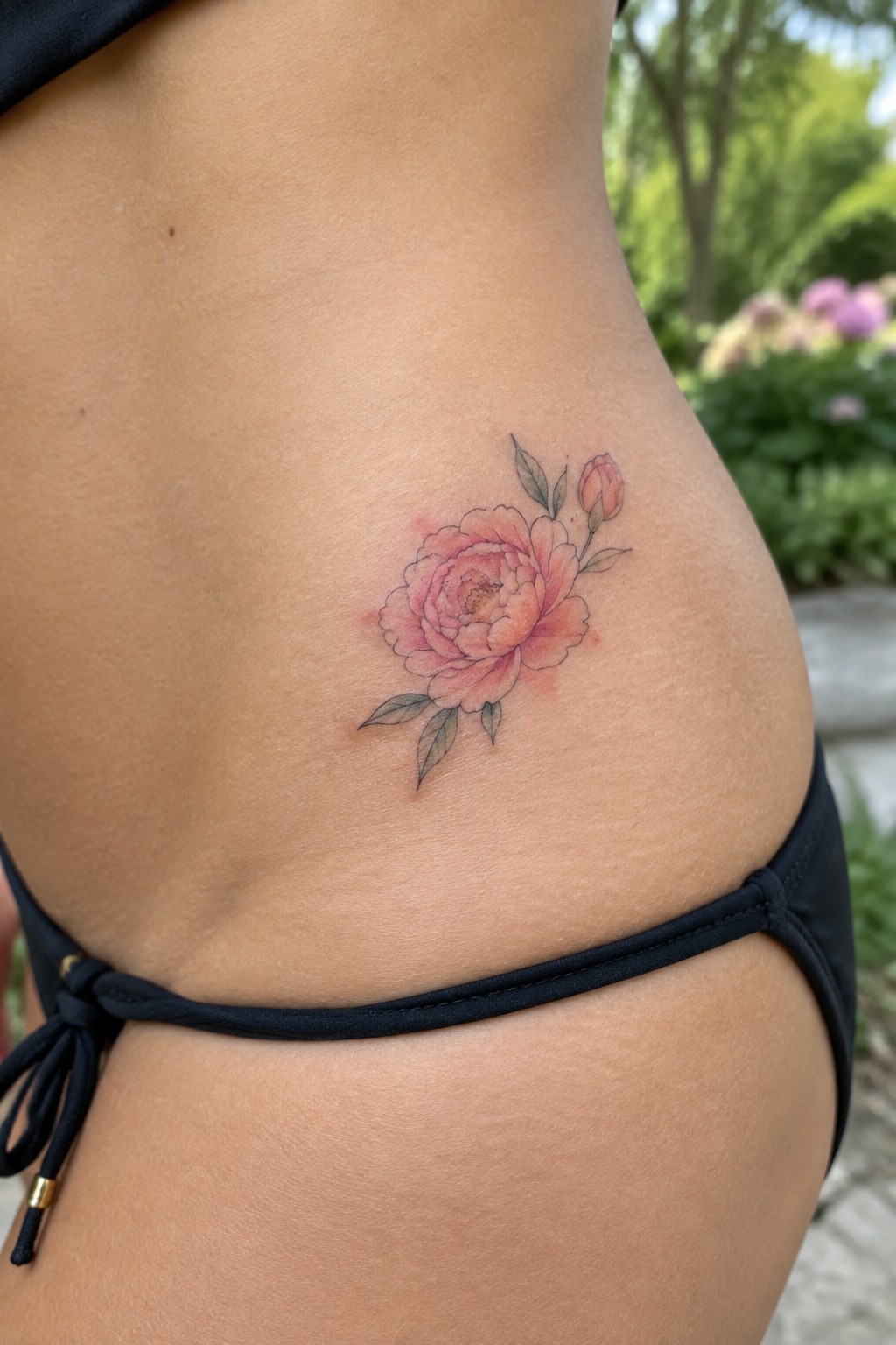 Small pink peony tattoo with a bud and green leaves on the side of a woman’s hip.