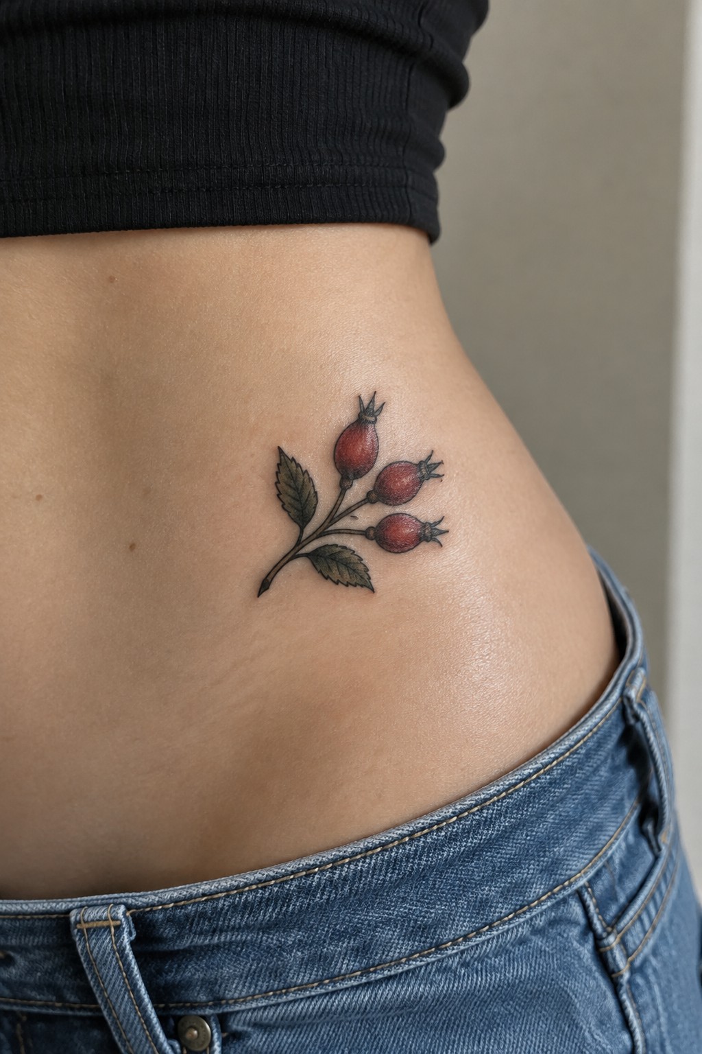 Small red rose hip berries and leaves tattooed on the side of a woman’s hip above blue jeans.