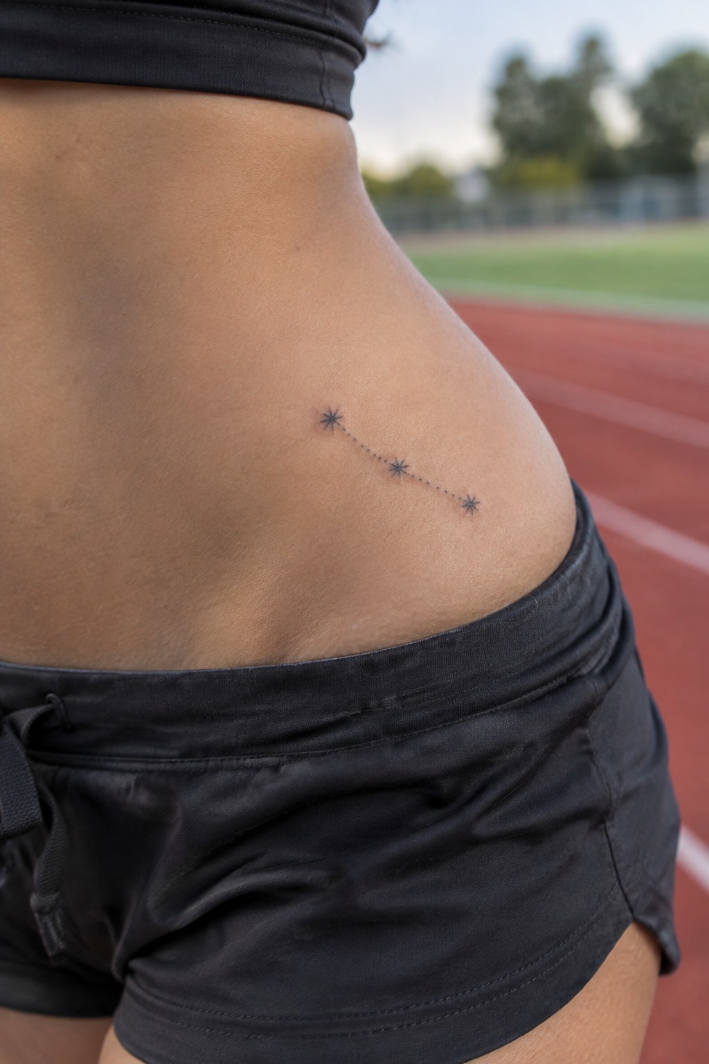 Small three-star constellation tattoo connected by dotted lines on the side of a woman’s hip.