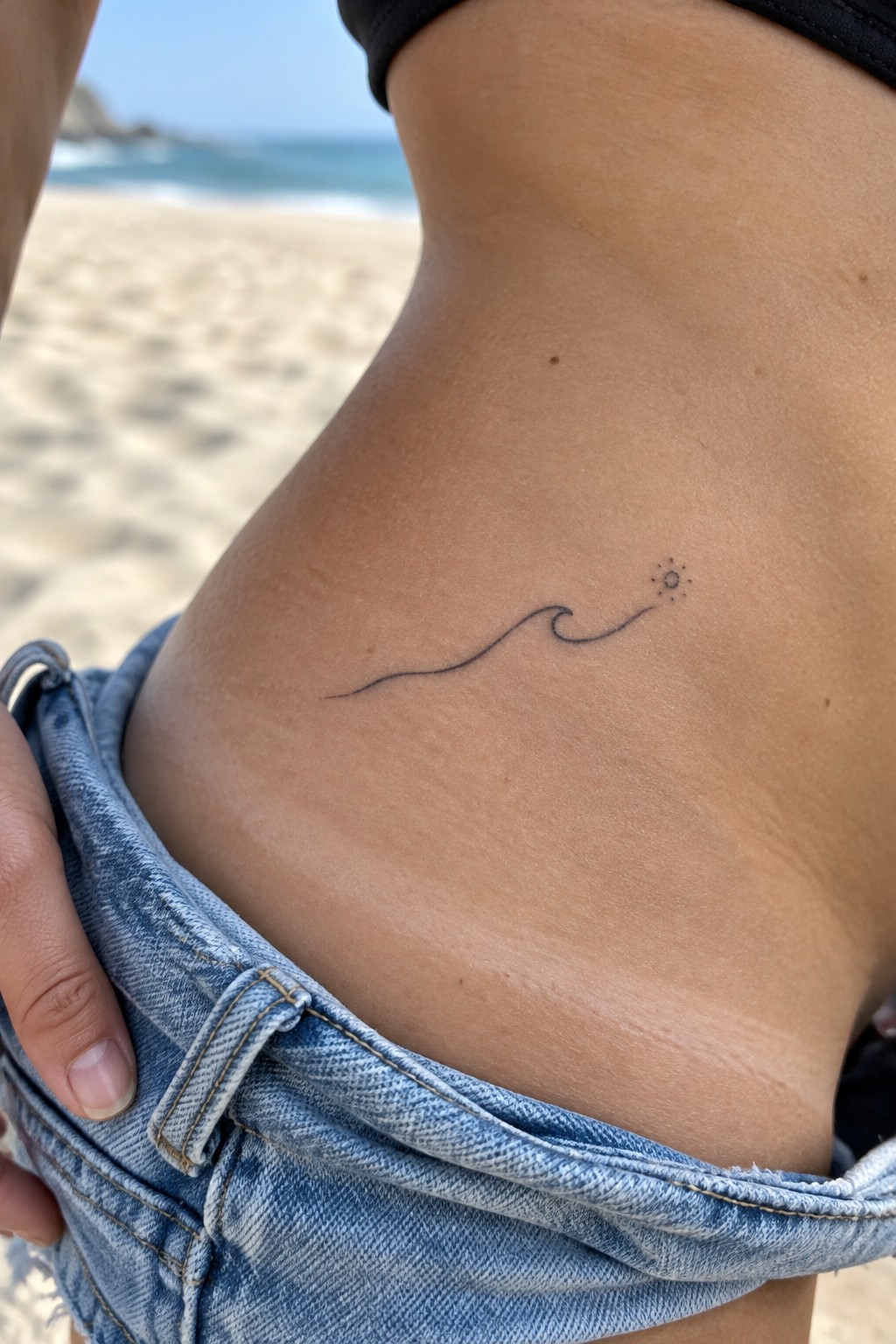 Fine-line wave and small sun tattoo on the side of a woman’s hip above her jeans.
