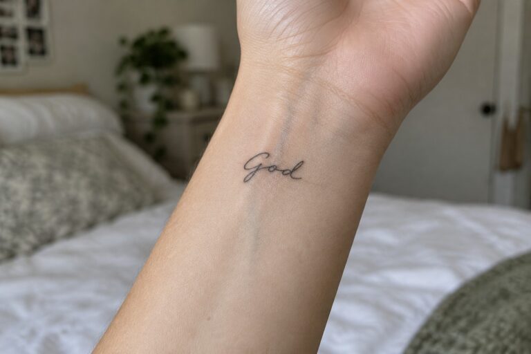 20 Subtle Small God Tattoos Featuring Single-Word Faith Lettering Cursive black "God" tattoo on inner wrist above white knit sweater cuff