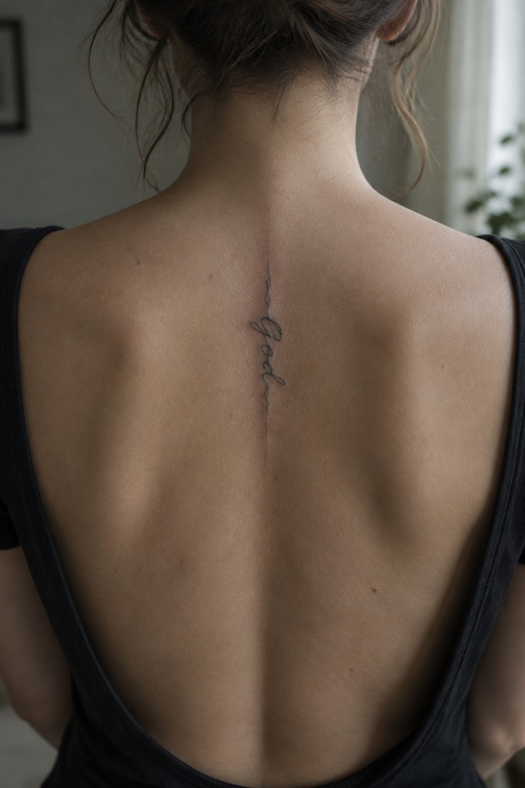 Woman's back with vertical cursive