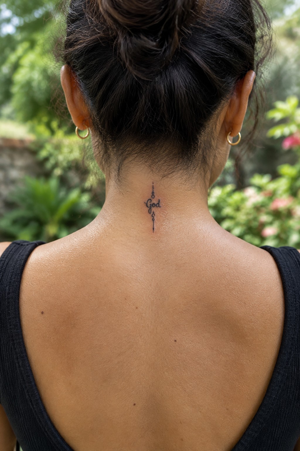 Small vertical tattoo on the back of the neck with the word God in delicate script and simple dot accents.