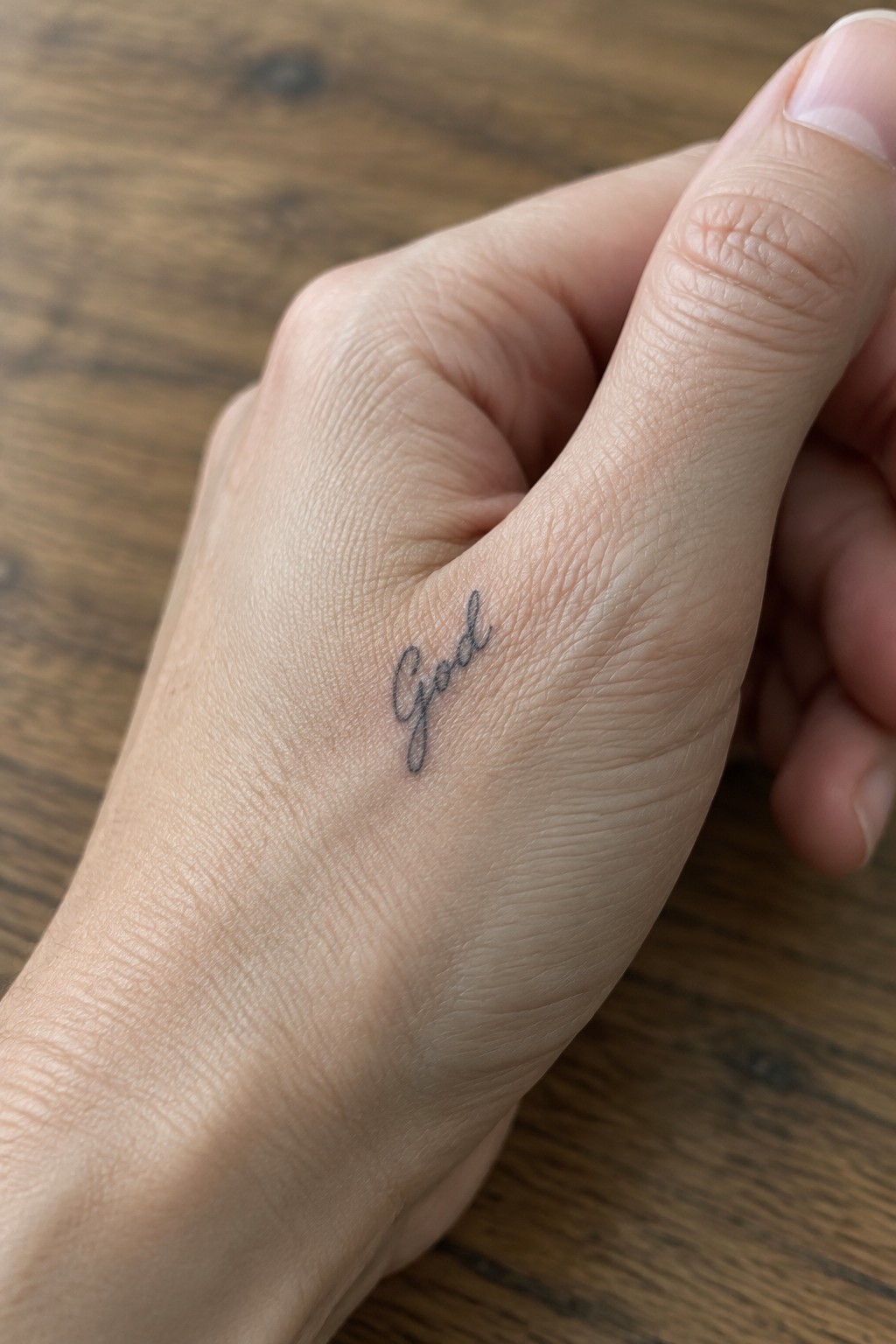 Light-skinned hand with small black cursive