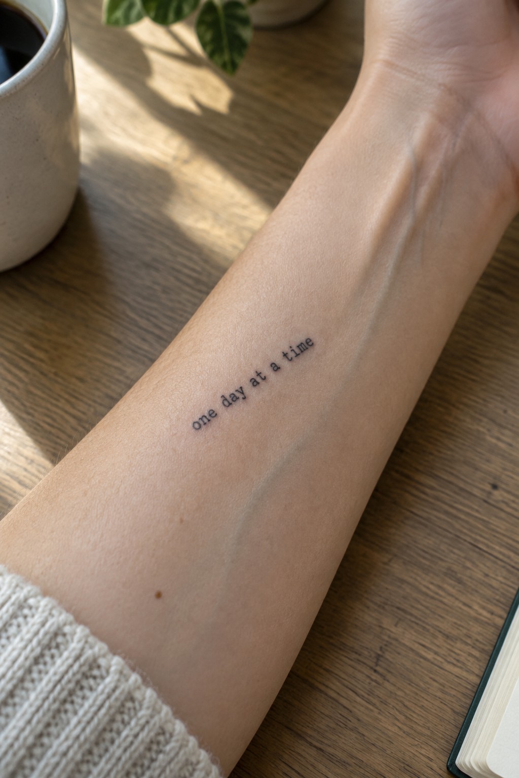Small black typewriter-style “one day at a time” tattoo on the inner forearm.
