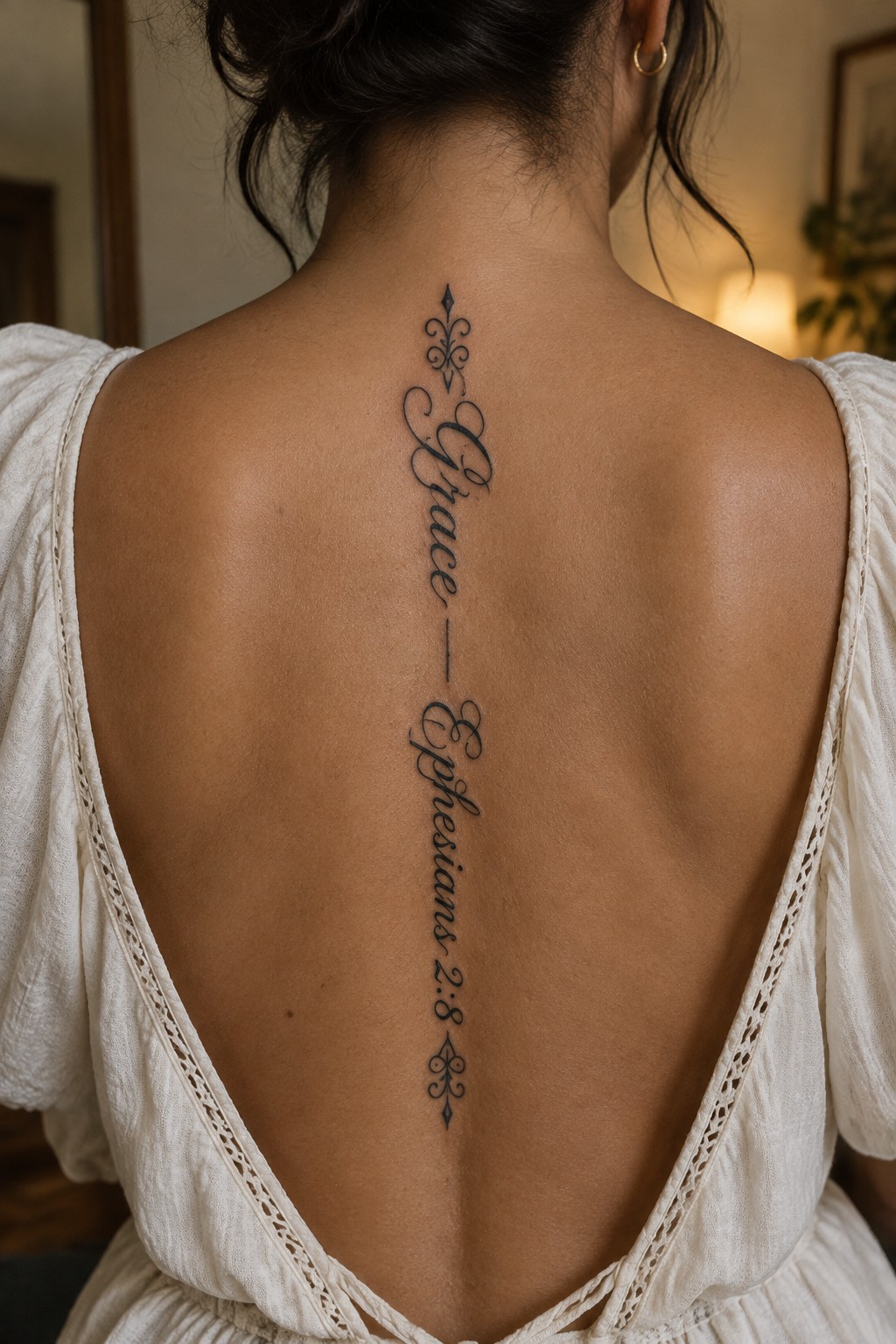 Woman's upper back in white lace dress with vertical