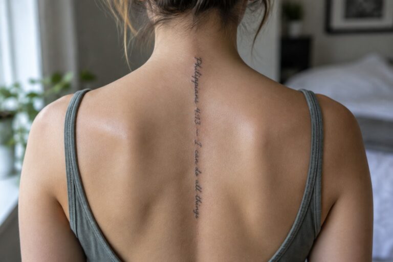 21 Biblical Spine Tattoos for Women Featuring Vertical Scripture Lettering Woman's upper back with vertical Philippians 4:13 tattoo above gray ribbed tank top.