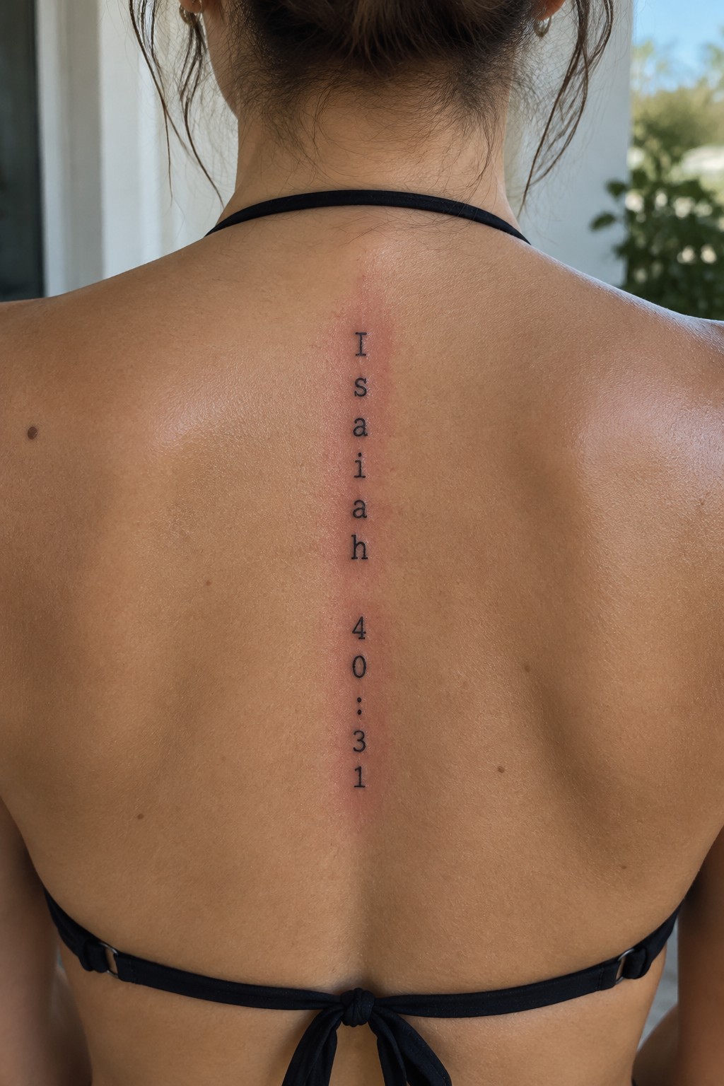 Woman's back with Isaiah 40:31 spine tattoo, black halter bikini top tied at waist