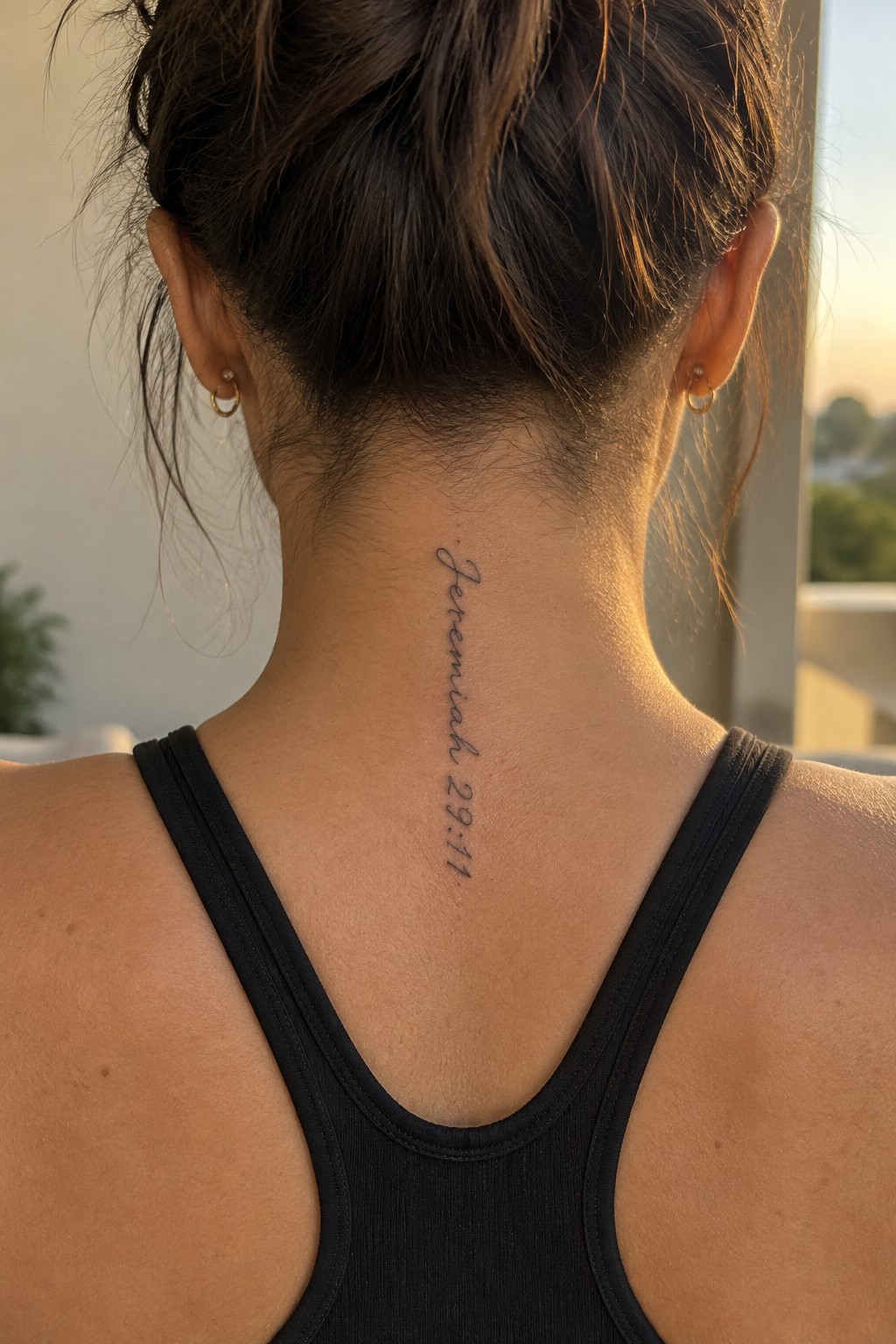 Woman with a vertical Jeremiah 29:11 tattoo in cursive script along the spine on her upper back