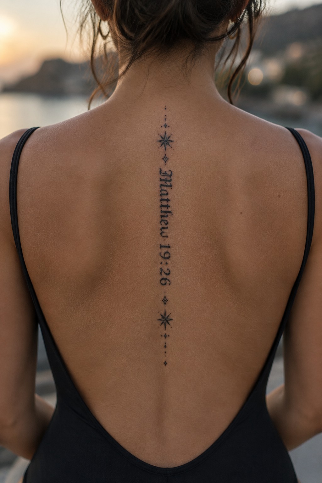 Vertical spine tattoo of Matthew 19:26 with star designs above and below the text on a woman's upper back.