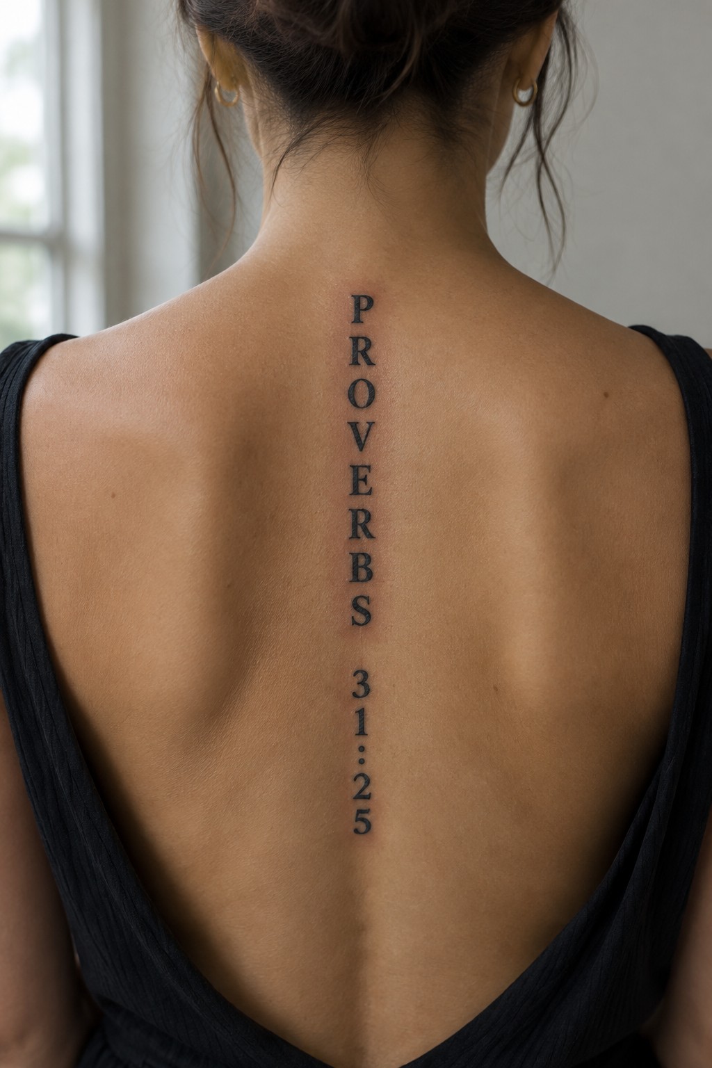 Woman's back in black top with vertical Proverbs 31:25 tattoo along spine