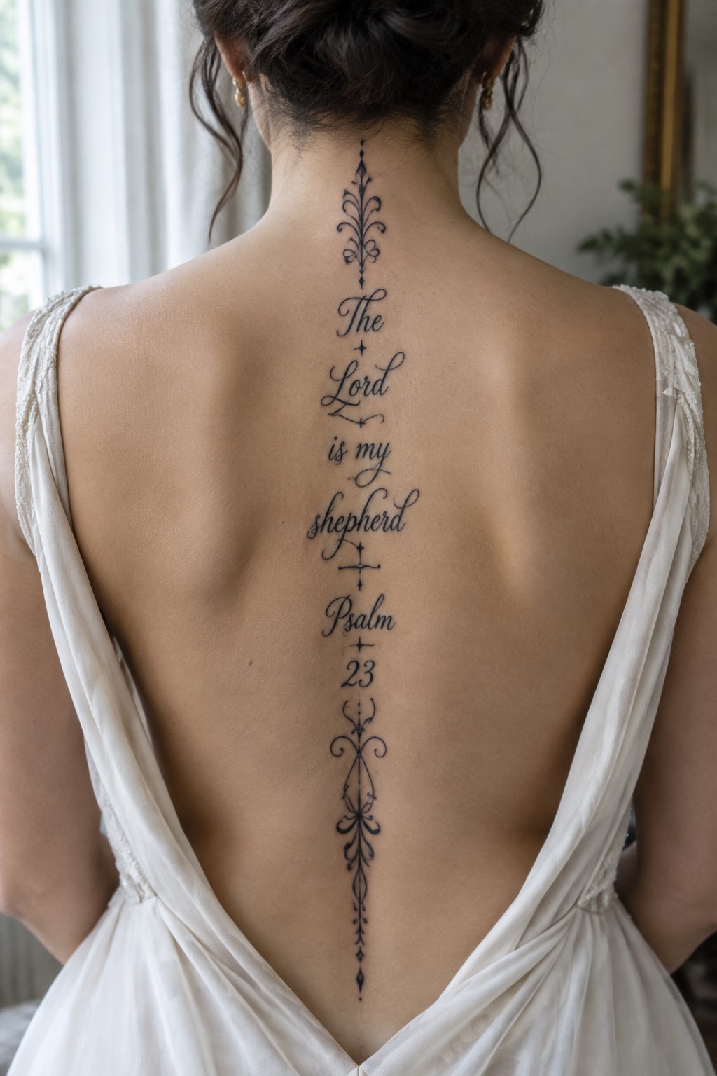 Vertical black ink tattoo of Psalm 23 scripture running down a woman's spine with decorative flourishes at top and bottom.