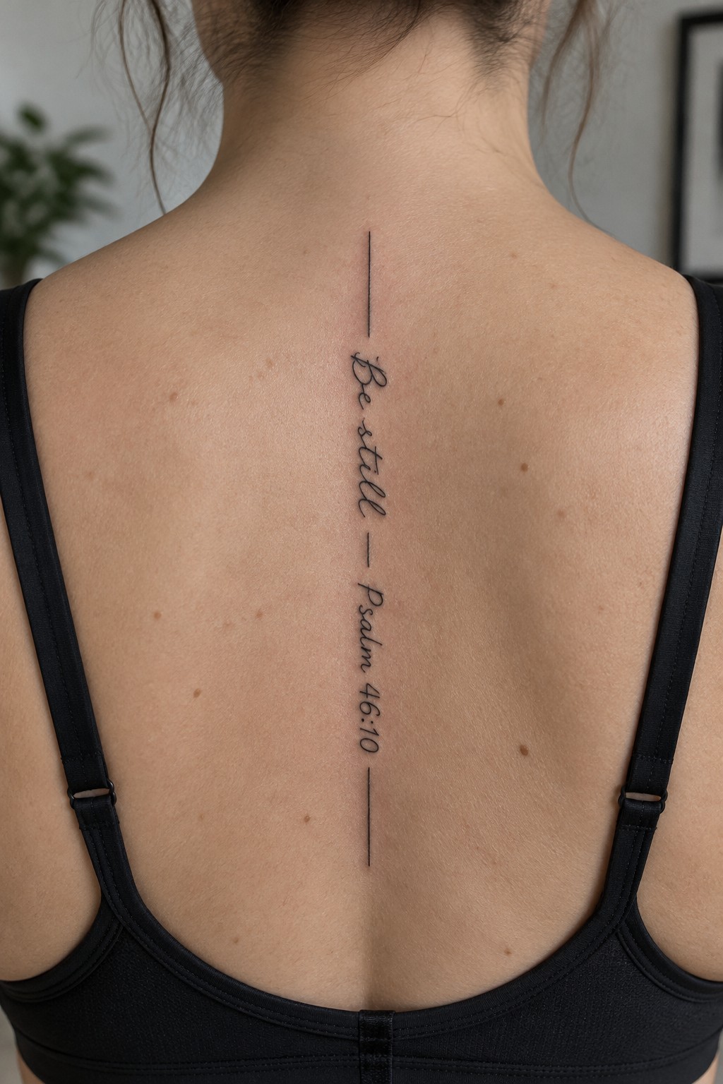 Woman's back in black tank top with vertical 'Be still - Psalm 46:10' spine tattoo
