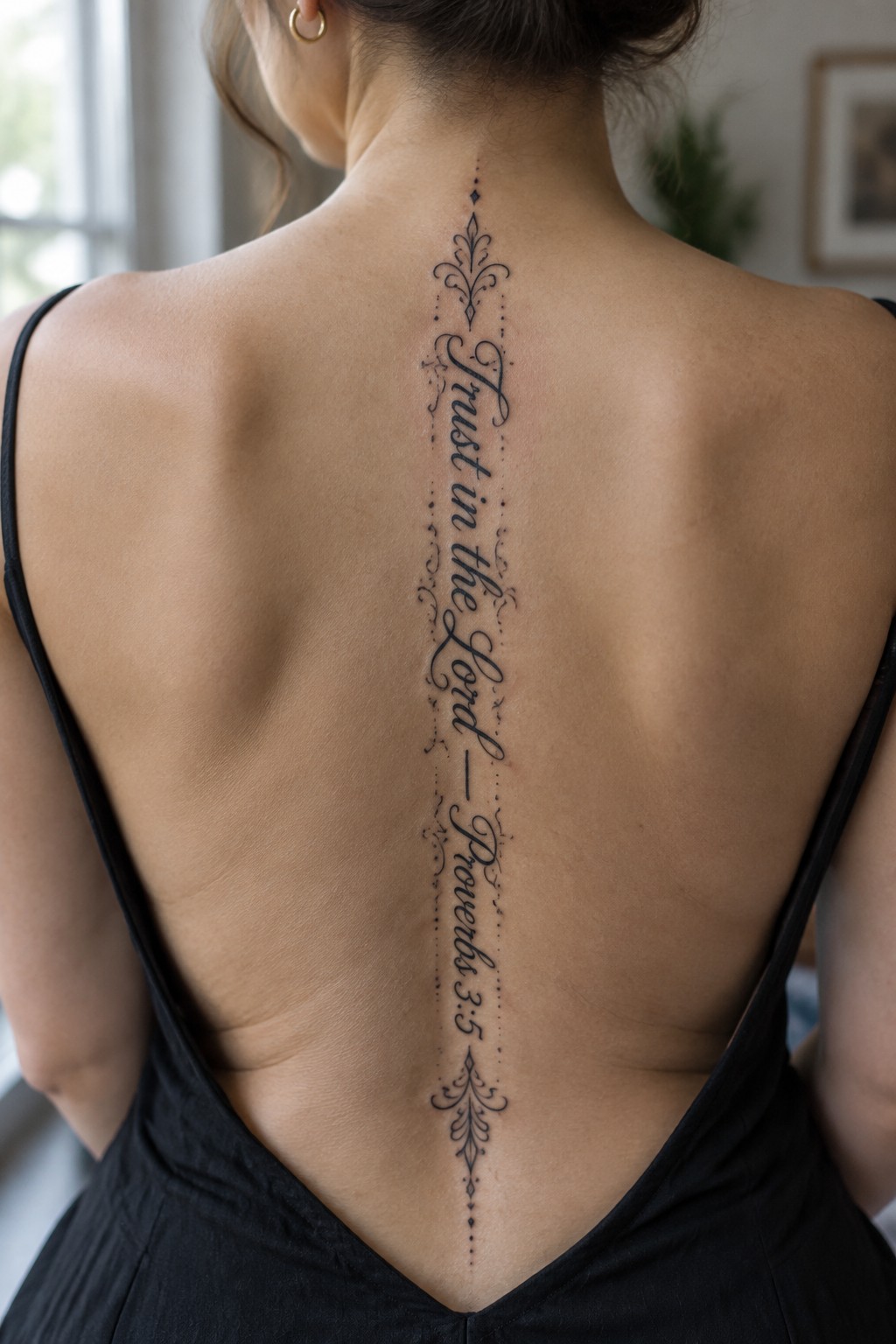 Vertical spine tattoo on a woman's back showing the words trust in the lord proverbs 3:5 in elegant script with ornate flourishes and dotted borders.