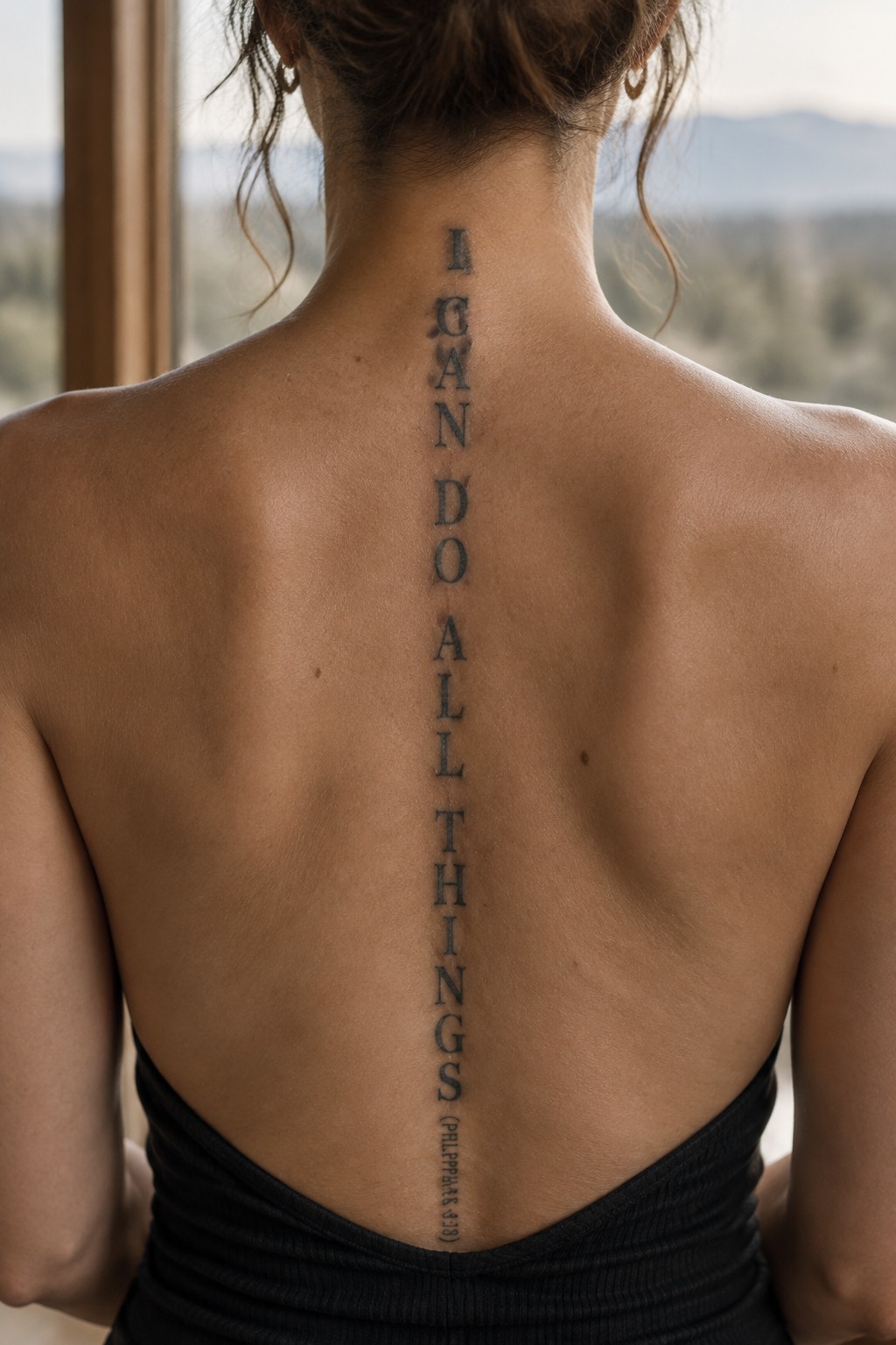 Woman's upper back with a vertical spine tattoo showing the words