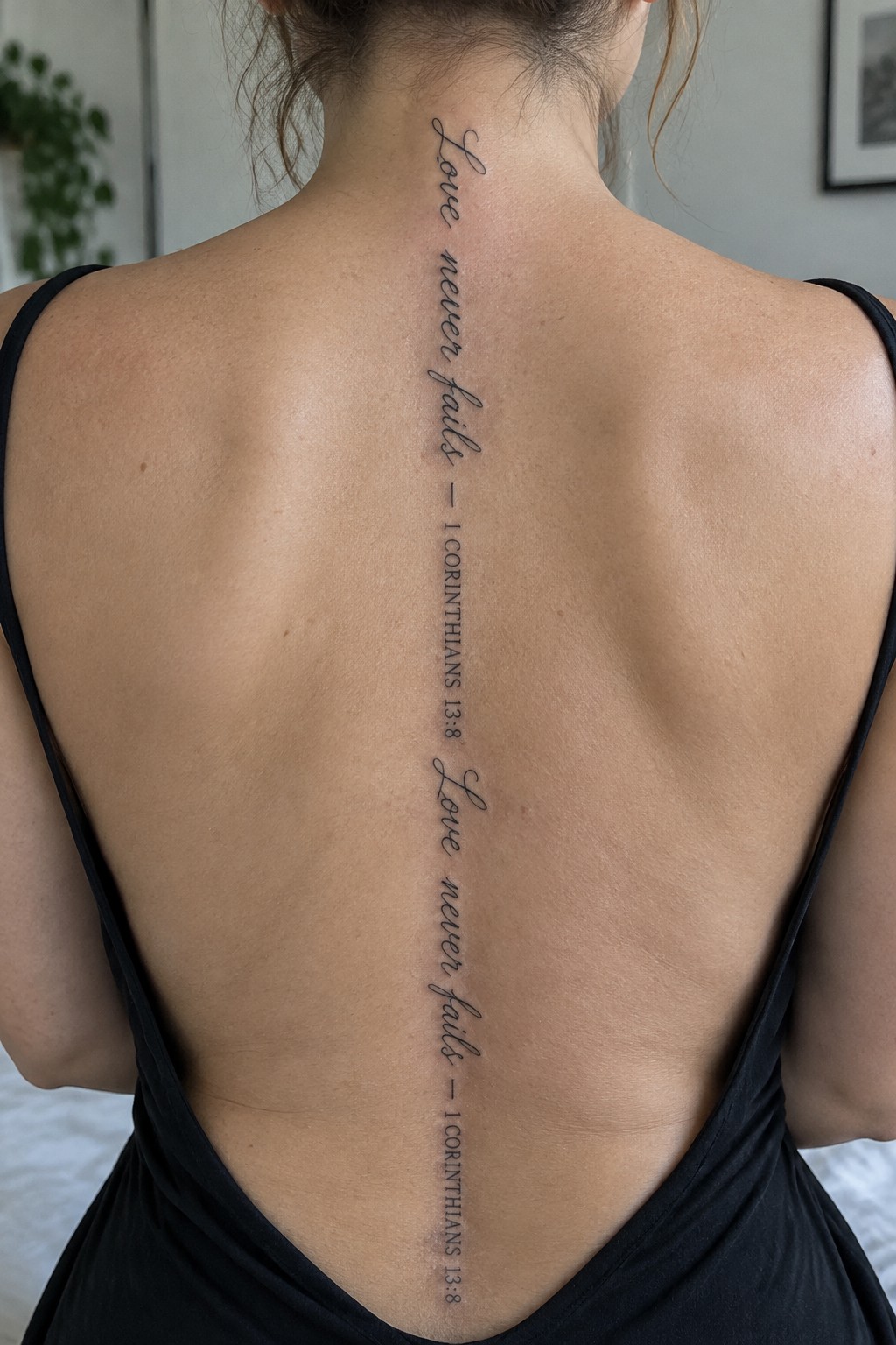 Woman's back in black low-back top with vertical