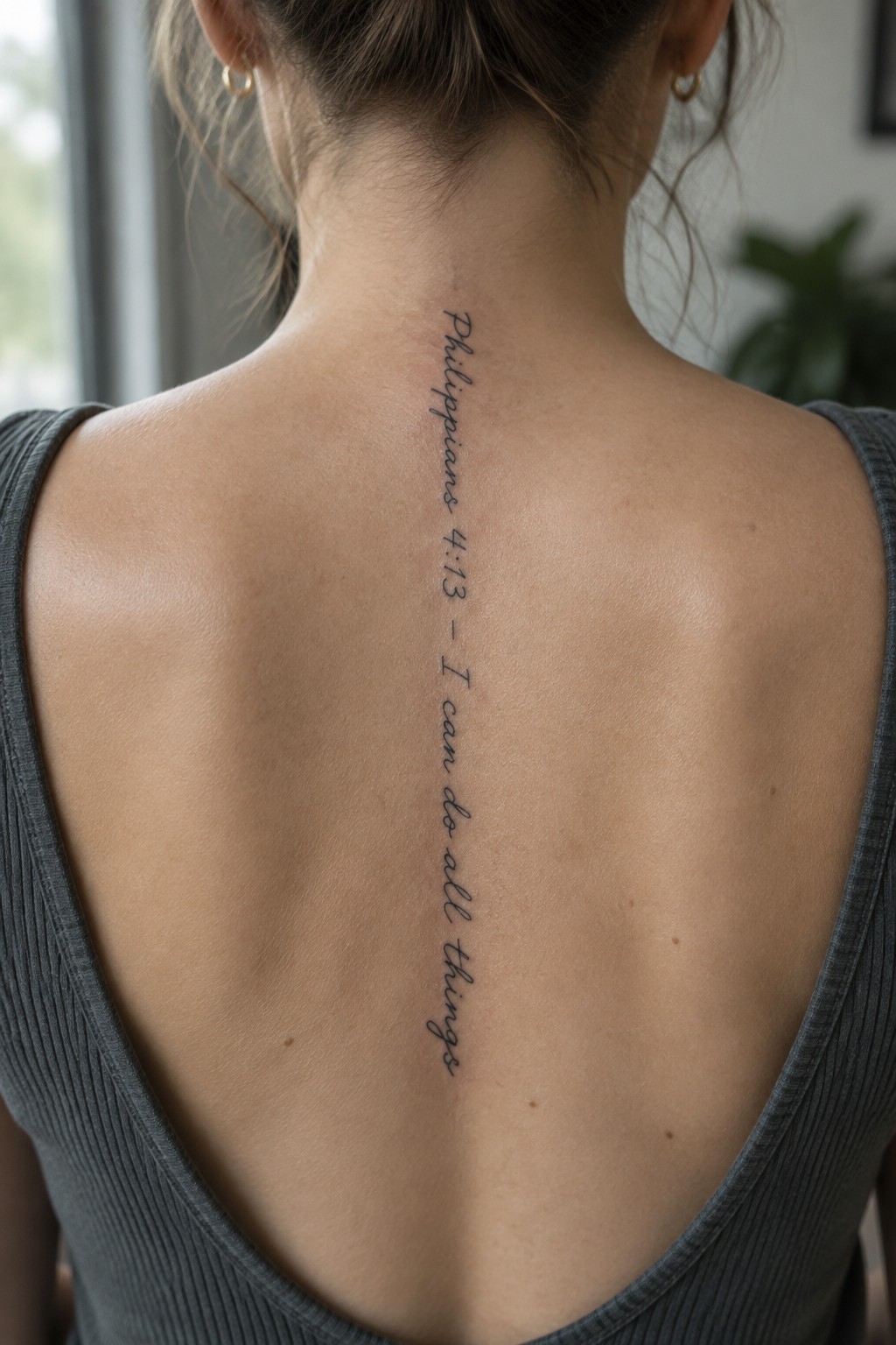 Woman's upper back with vertical Philippians 4:13 tattoo above gray ribbed tank top.