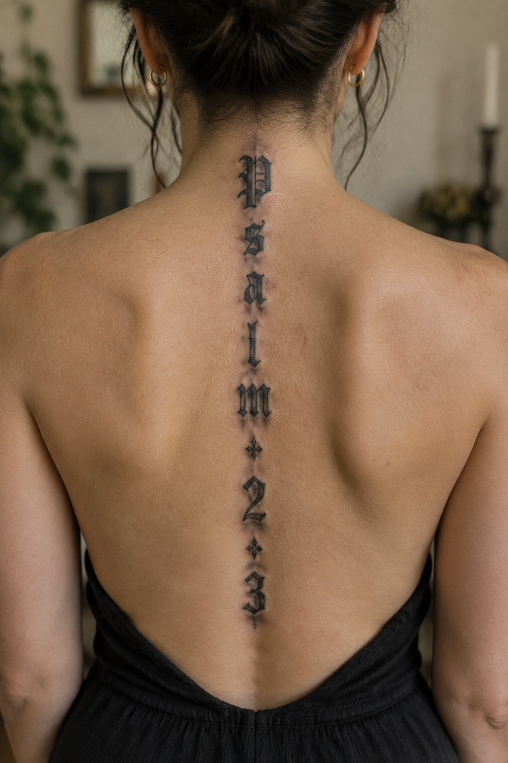 A vertical spine tattoo showing Psalm 23 in black gothic lettering with small cross symbols between the lines.
