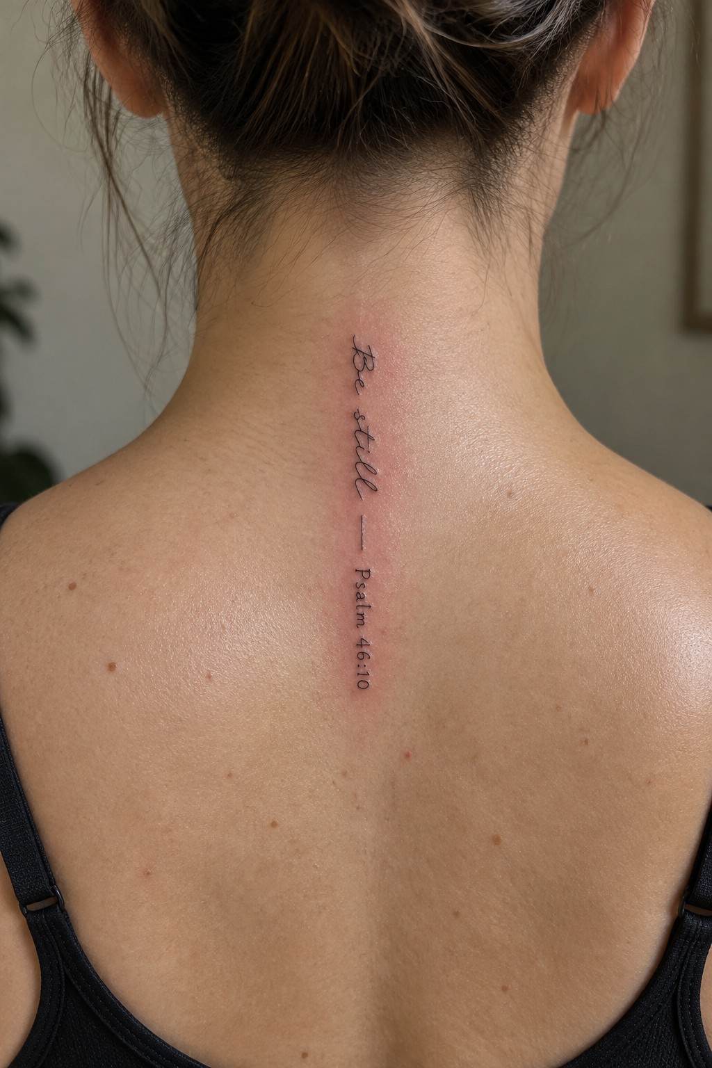 Close view of a vertical spine tattoo on a woman's upper back reading
