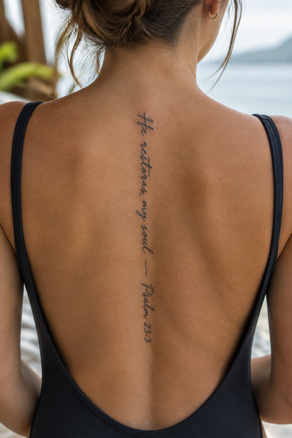 Woman's back in black swimsuit with vertical spine tattoo