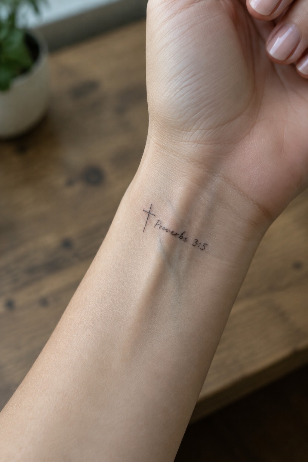 Small cross tattoo next to Proverbs 3:5 on the inner wrist