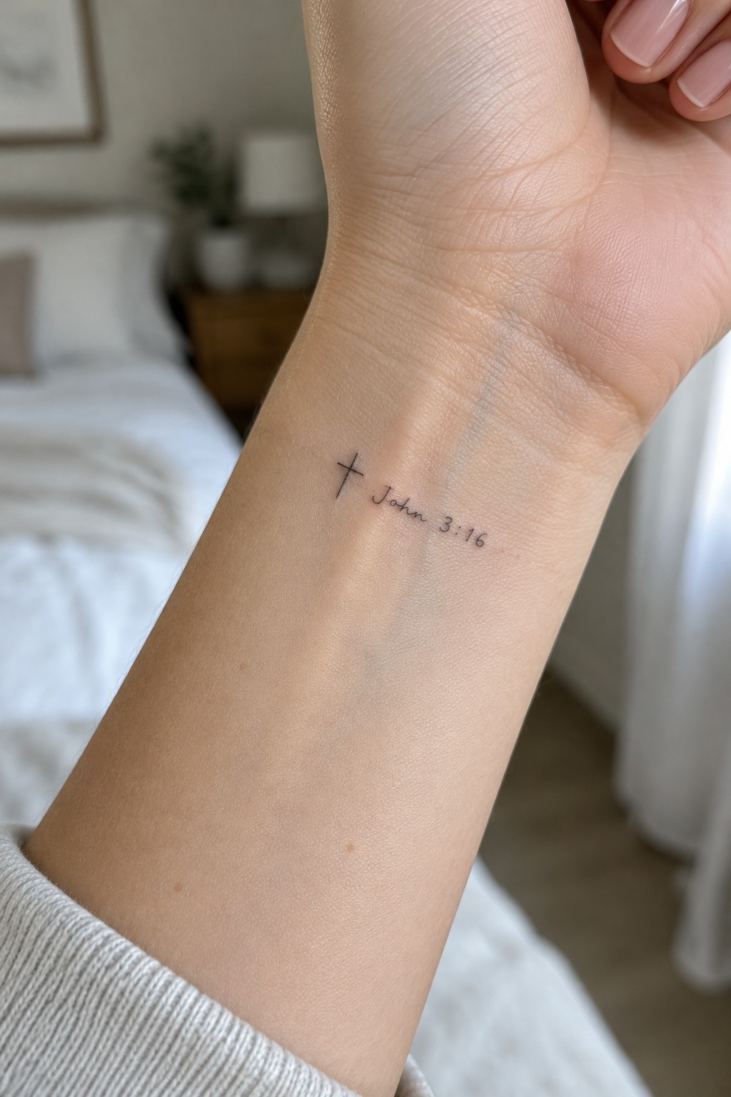 Wrist with small cross and John 3:16 tattoo, light sweater sleeve visible in bedroom