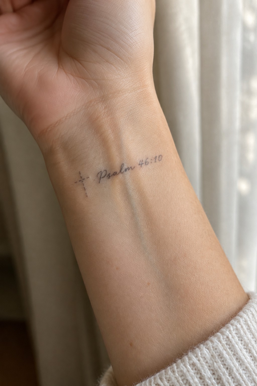 Cross and Psalm 46:10 tattoo on inner wrist above white sweater cuff