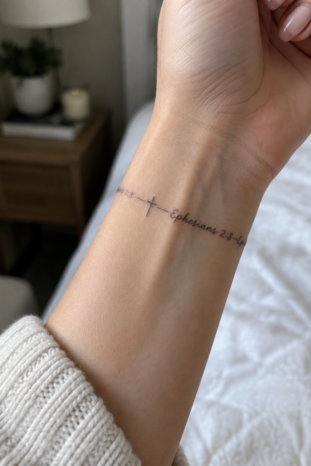Cross tattoo with Eph 2:8 text on wrist above white knit sweater