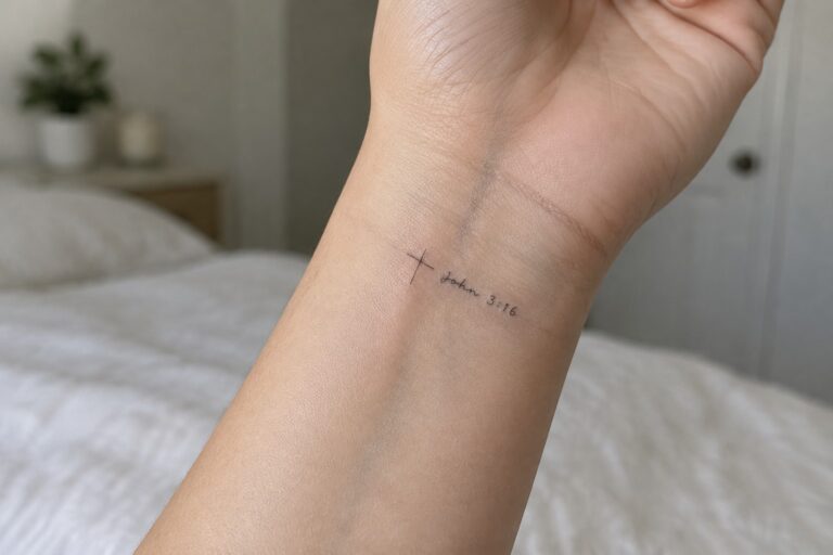 21 Christian Wrist Tattoos Featuring Tiny Crosses and Bible References Wrist with small cross and John 3:16 tattoo, light sweater sleeve visible in bedroom