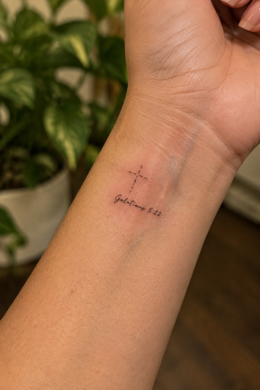Inner wrist with fresh dotted cross tattoo and Galatians 5:22 text