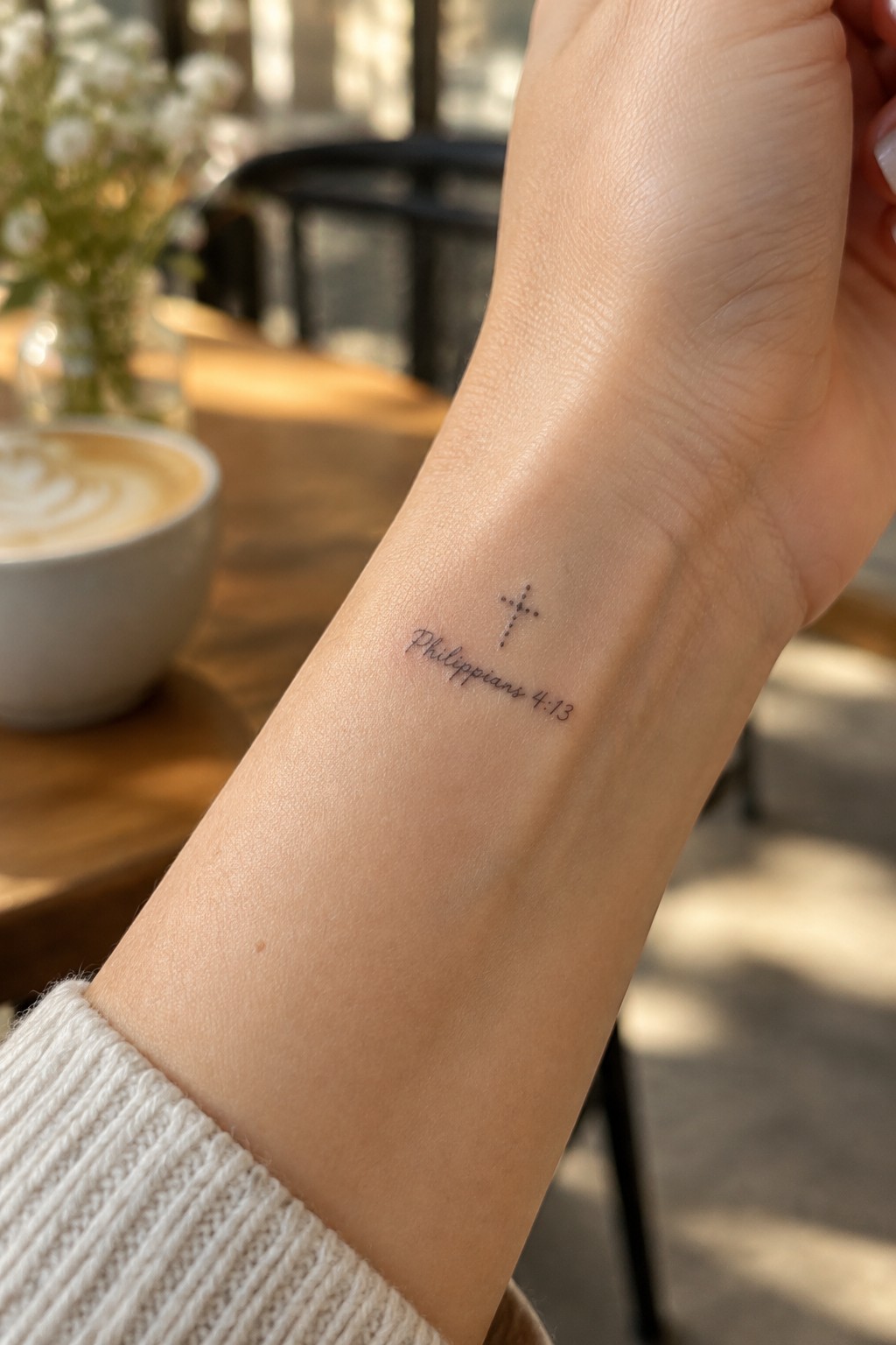 Wrist with dotted cross tattoo and Philippians 4:13 near coffee cup on wooden table