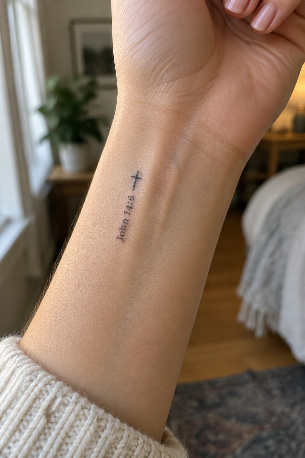 Small black cross tattoo with John 14:6 written vertically below it on the inner wrist