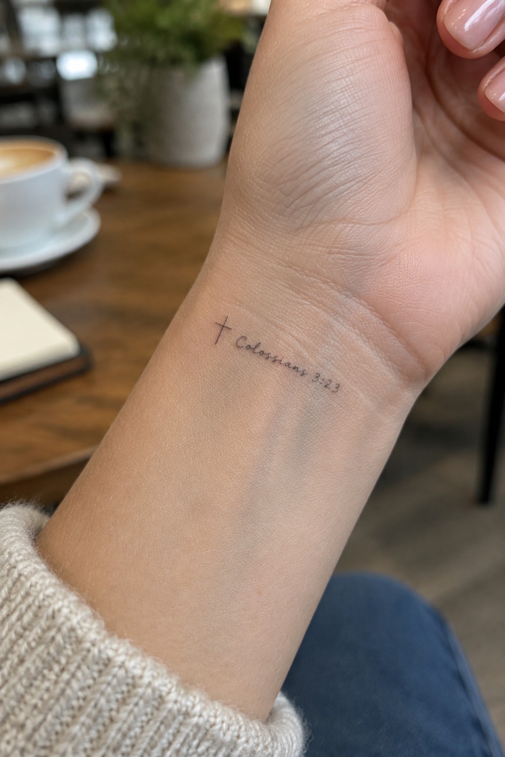 Wrist with small cross and Colossians 3:23 tattoo above cream knit sweater