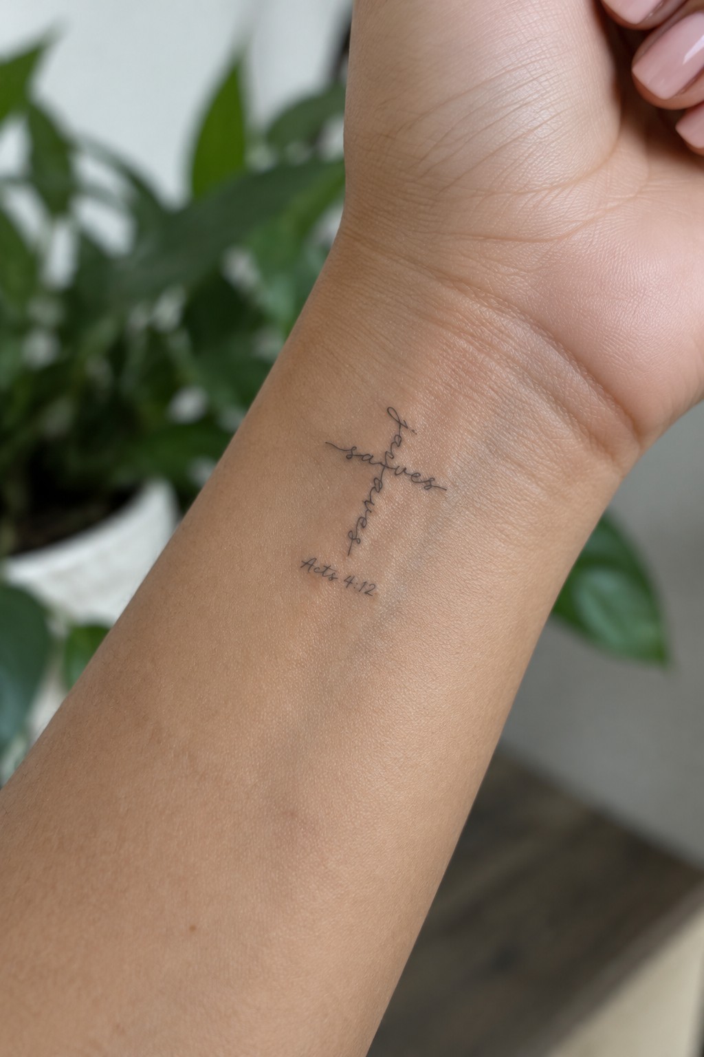 Wrist with black cross tattoo reading