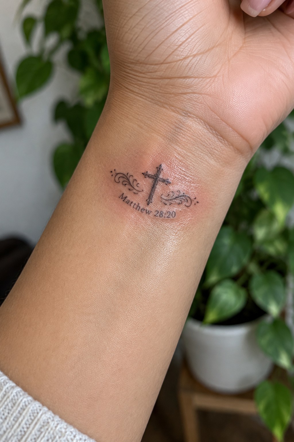 Small black cross tattoo with decorative swirls and Matthew 28:20 text on the inner wrist