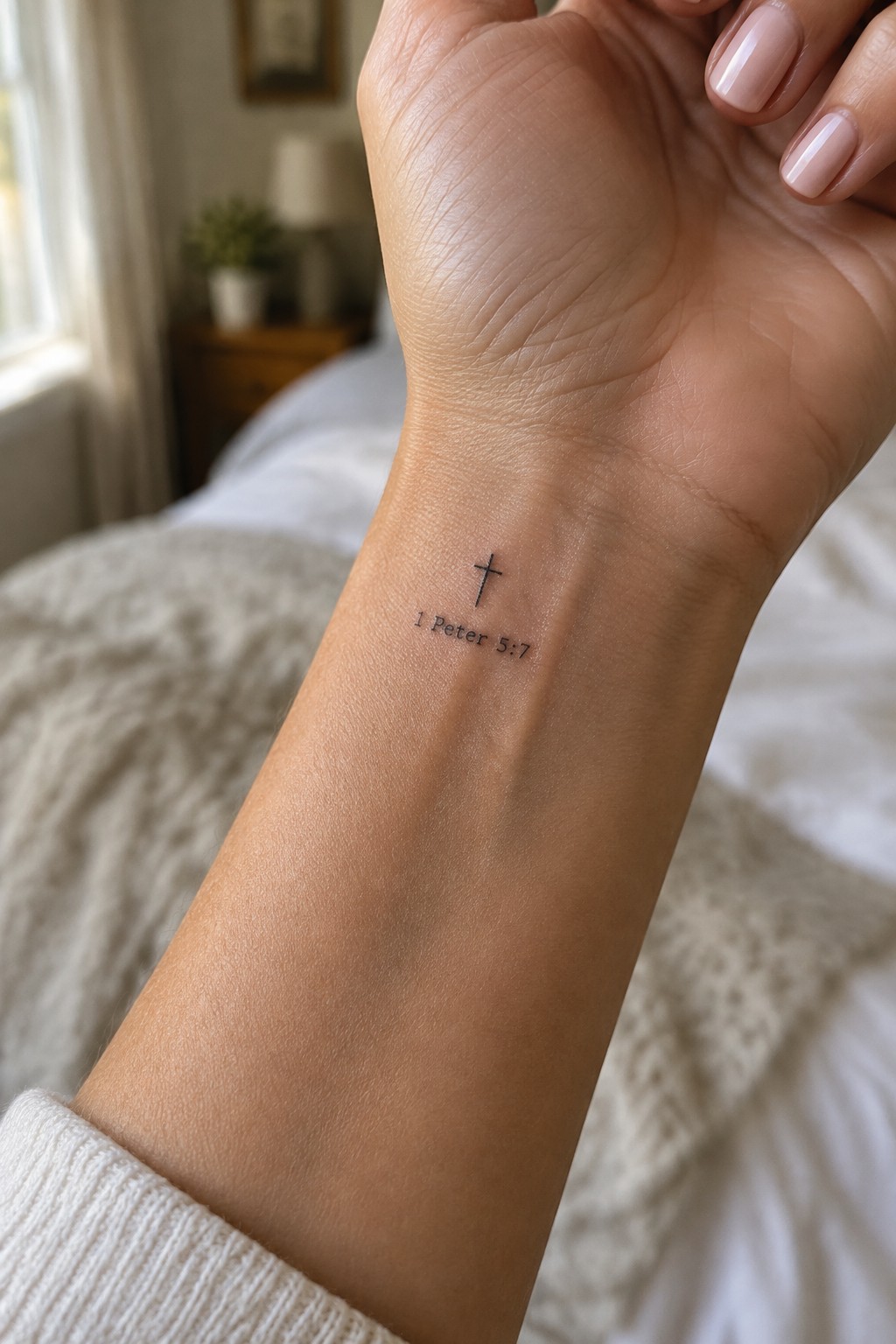 Wrist with small cross tattoo and 1 Peter 5:7 text, light pink nails