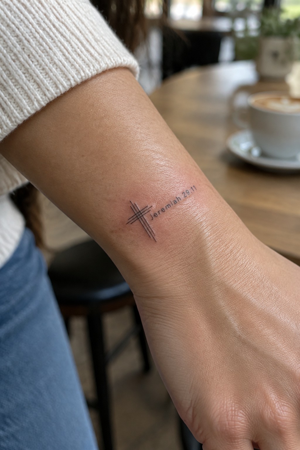Wrist tattoo of cross and Jeremiah 29:11 on arm in white sweater near coffee