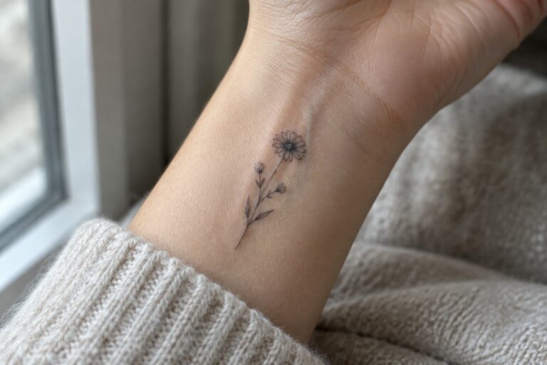 Small fine-line flower tattoo with a thin stem and buds on the inner wrist.