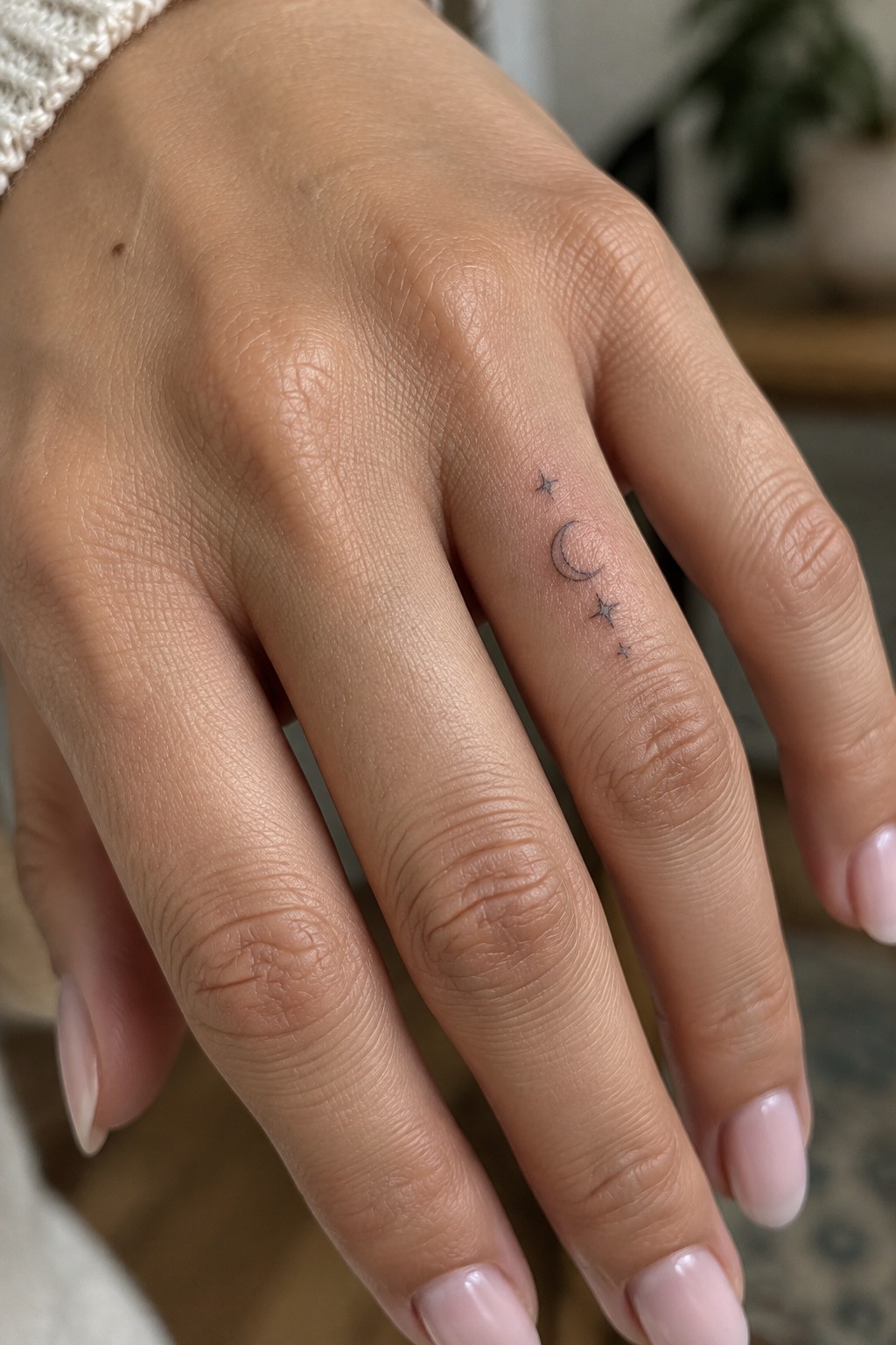 Fine-line crescent moon and small stars tattoo on the side of a finger.