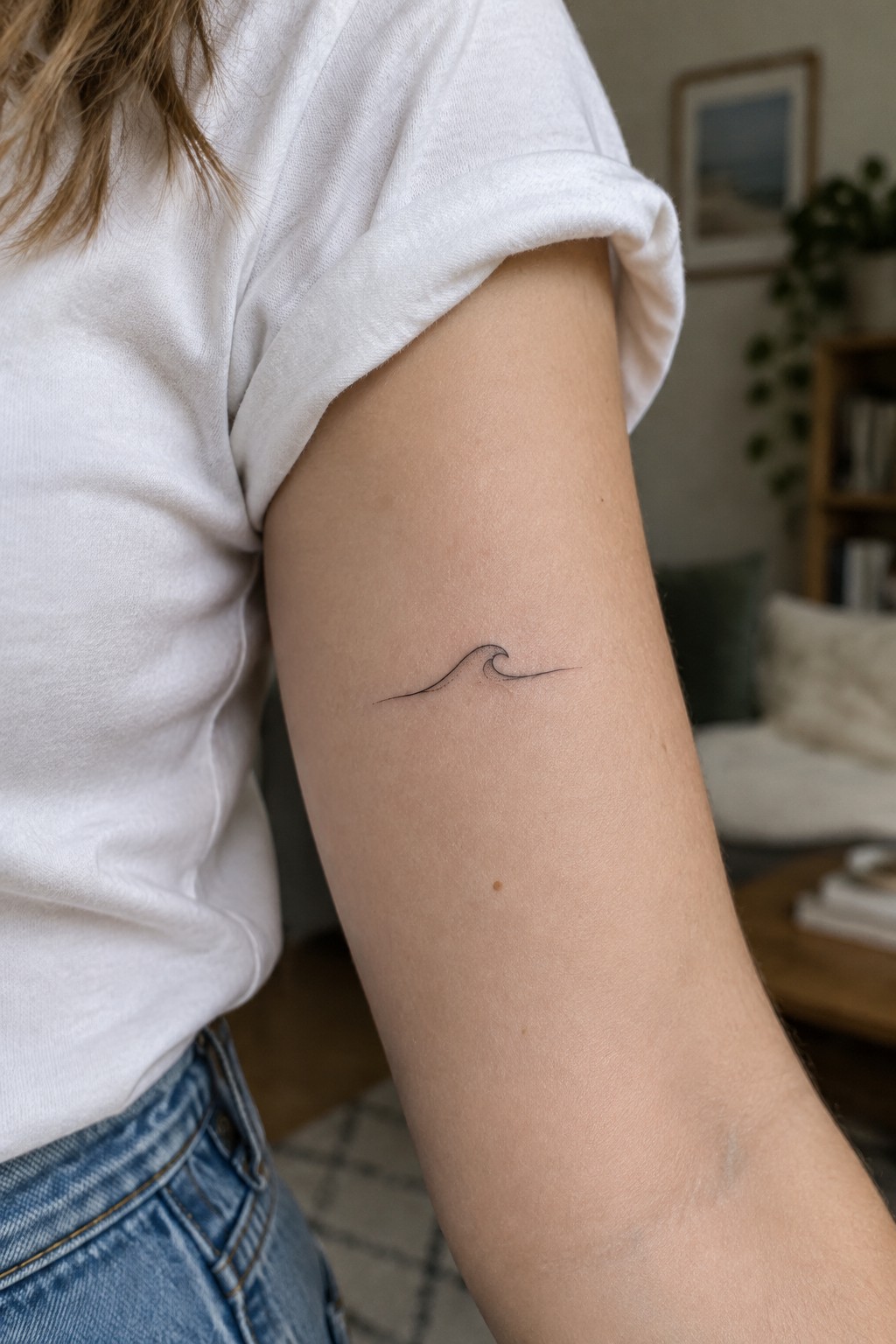 Small fine-line curling wave tattoo on the upper arm above the elbow.