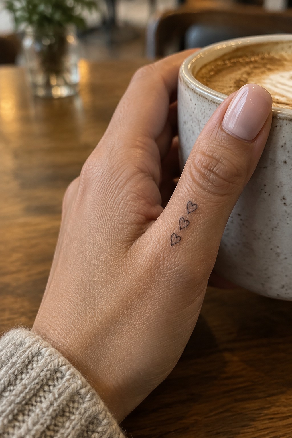 Three tiny fine-line outline hearts tattooed in a diagonal row on the side of a hand near the thumb.