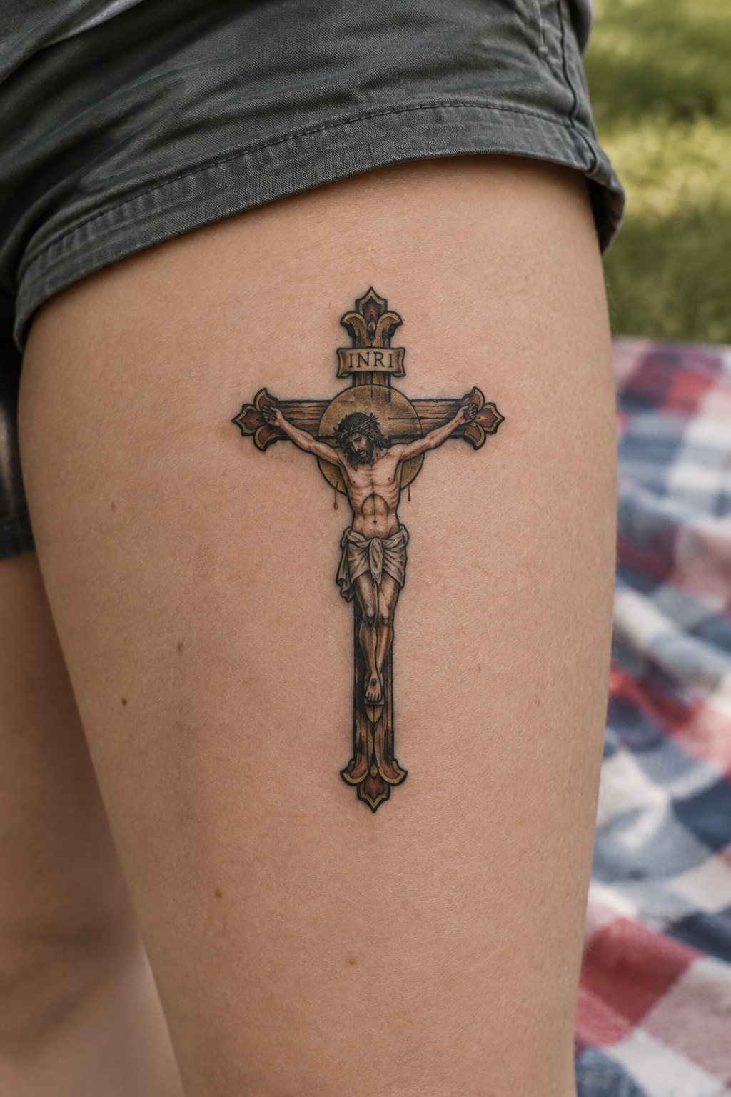 Realistic crucifix tattoo with Jesus on the cross placed on the upper thigh