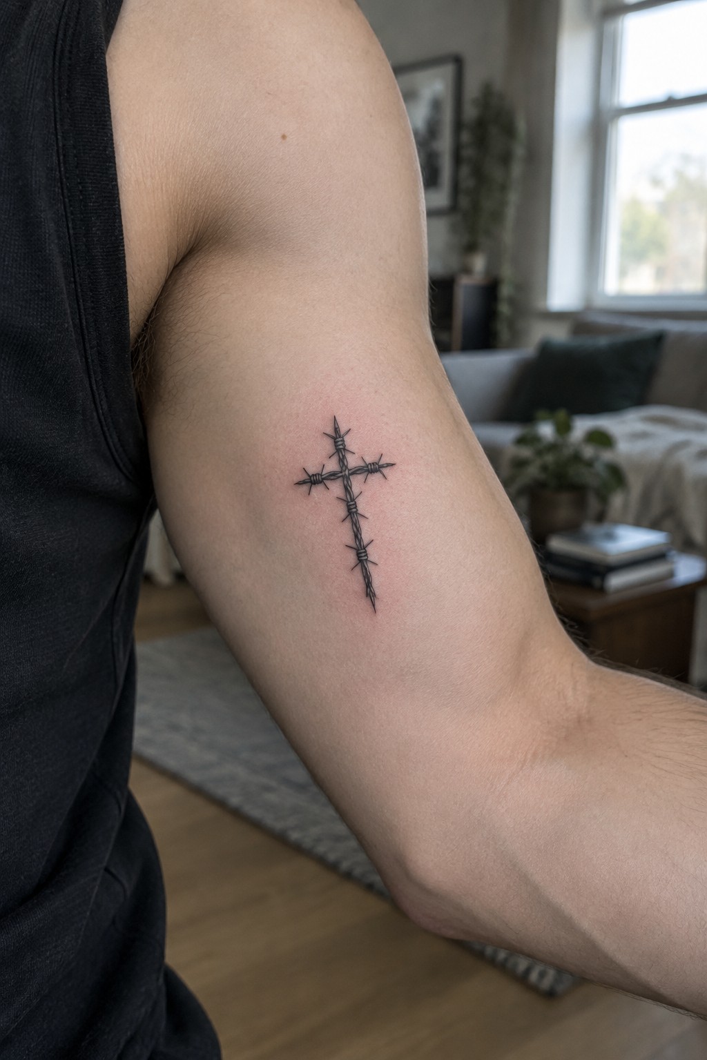Barbed wire cross tattoo on upper arm of person in black tank top