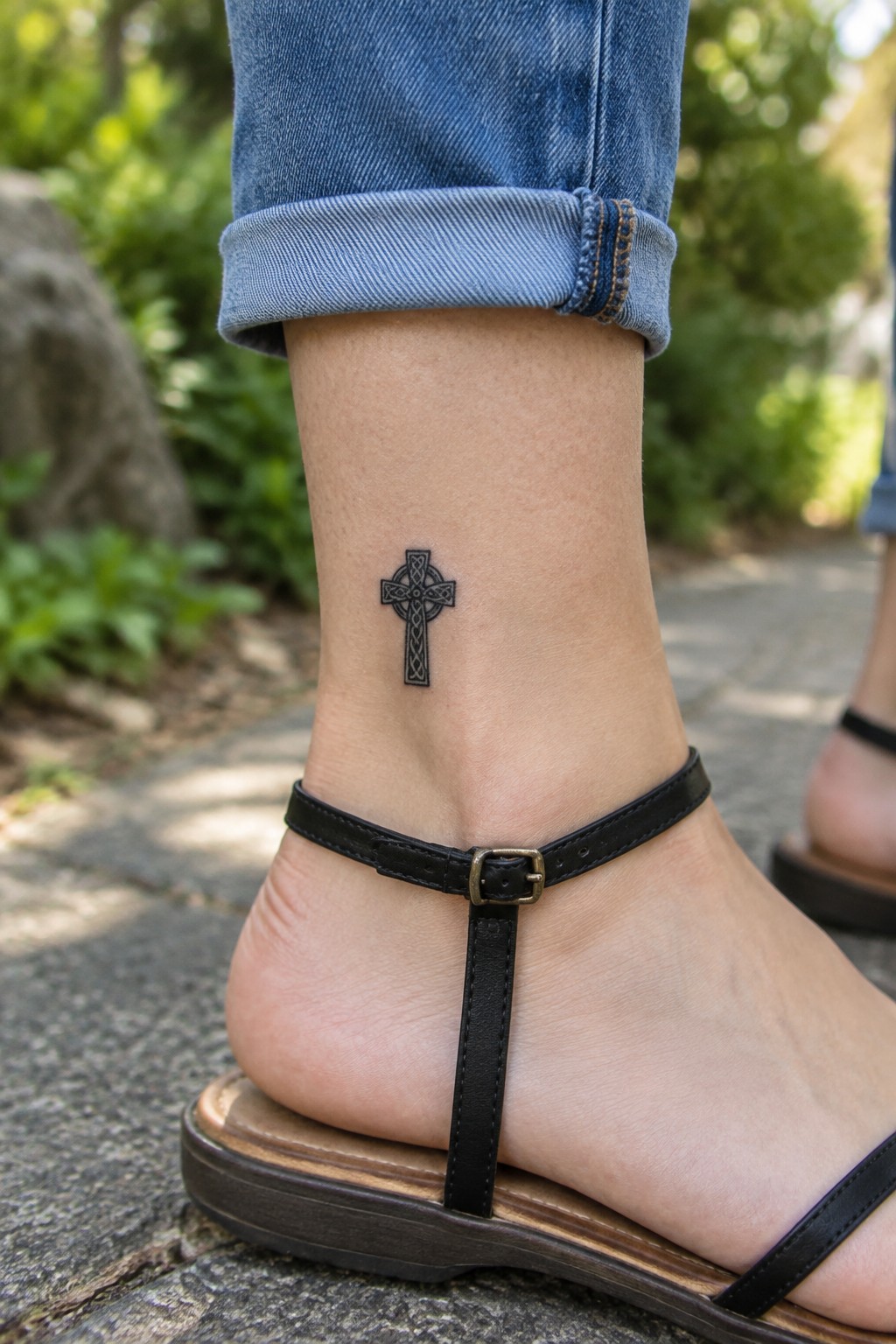 Celtic cross tattoo on ankle above black strapped sandal and cuffed blue jeans