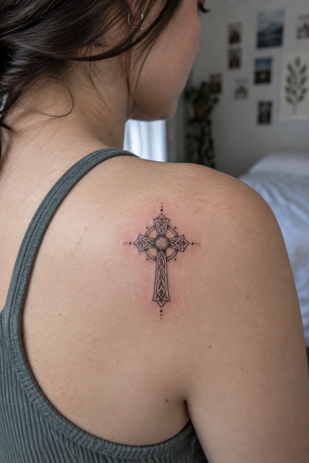 Woman's shoulder with ornate Celtic cross tattoo above gray tank top