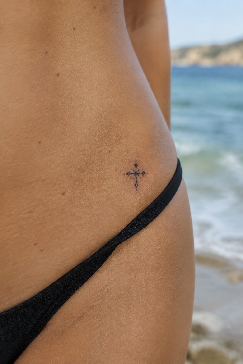 Tanned hip with small black cross tattoo above black bikini by ocean